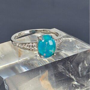 925 Sterling Silver Ring Sz 7 with Natural Blue Opal 8x6mm
